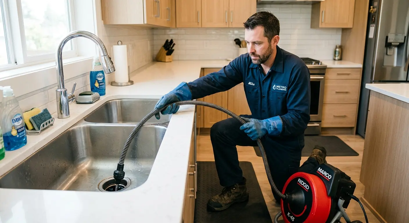 Drain cleaning technician using a motorized snake on a kitchen sink in Attica