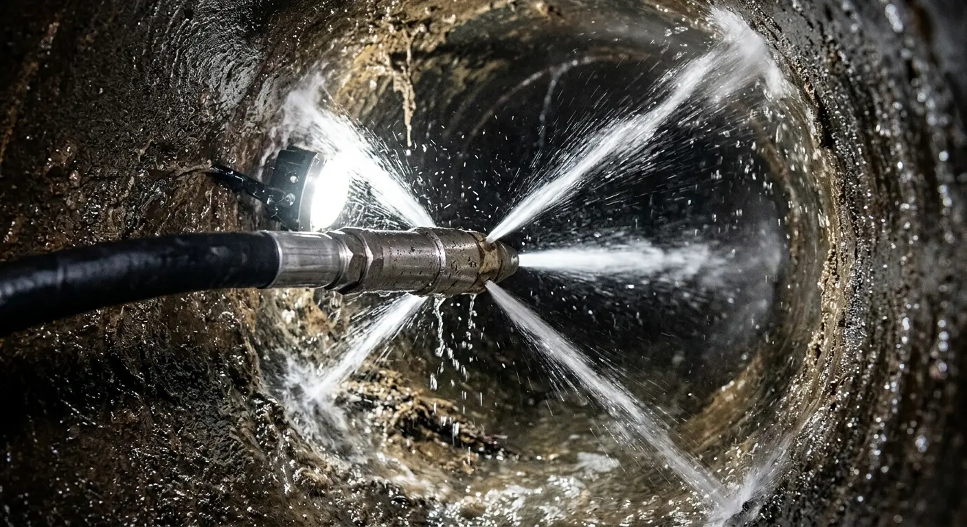 High-pressure hydro jetting nozzle cleaning sewer pipe for Emergency Drain Service in Attica