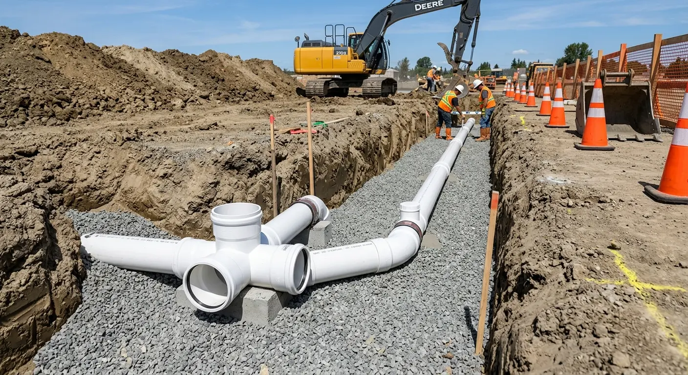 New PVC sewer pipe installation in open trench for Sewer Backup in Attica