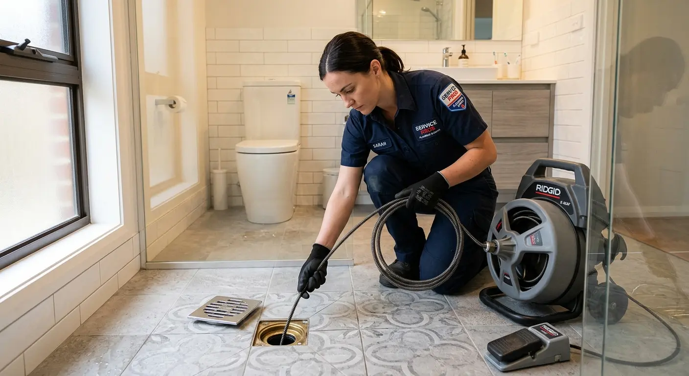 Technician clearing a bathroom floor drain for Hydro Jetting in Attica